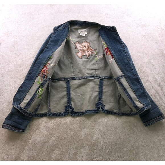 Live A Little Women's Jean Jacket Medium Petite Embroidered Floral Boho Y2K - Picture 14 of 14
